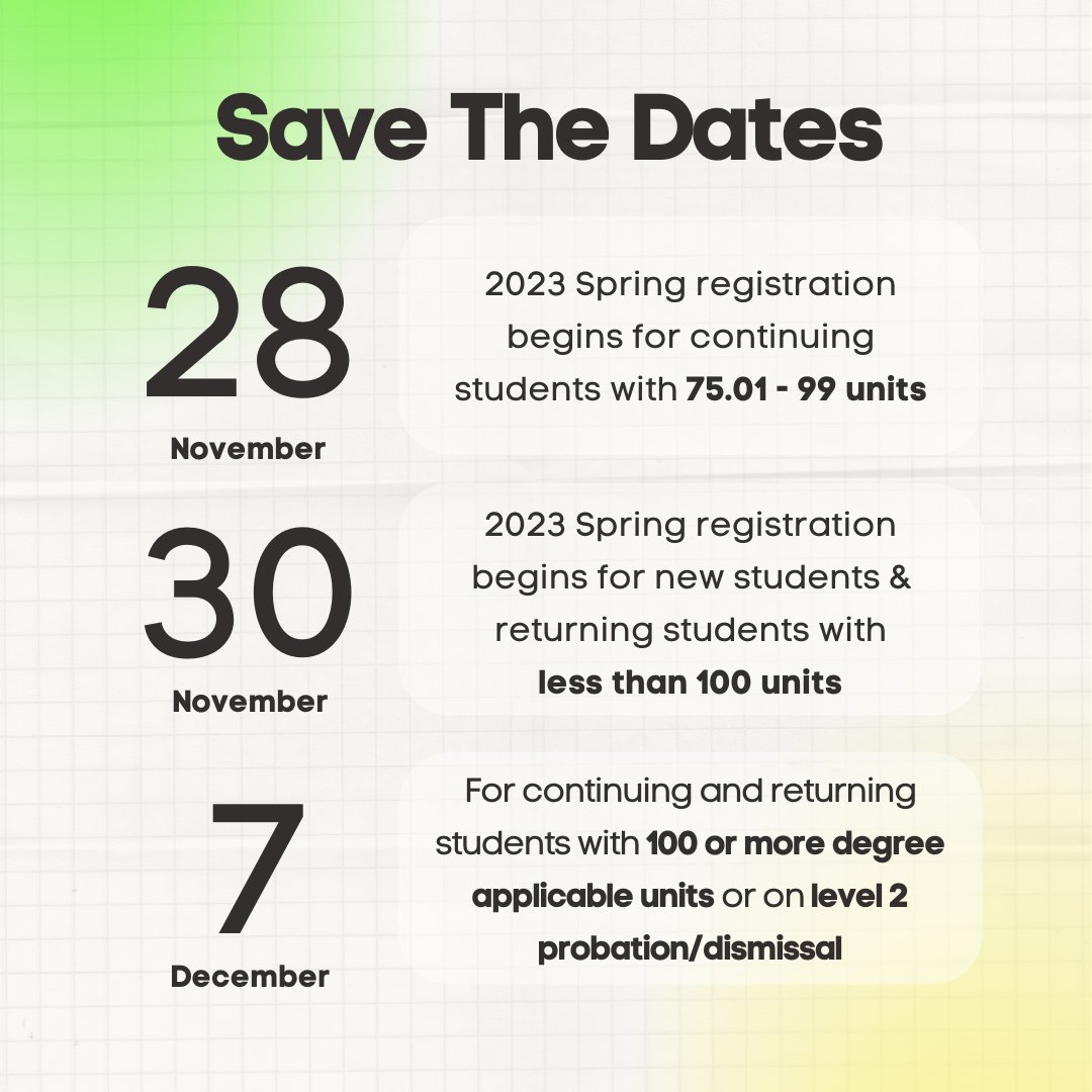 DVCWelcome's tweet photo. HiVikings!
Above are important spring 2023 registration dates.
Since registration dates are different for every student, please be check Insite for your date.
It’s recommended to go see a counselor about your educational plan
-SA Kaia &amp; Sam
#dvc #dvcwelcome
#dvcstudentambassadors https://t.co/CeIZwhtsVV