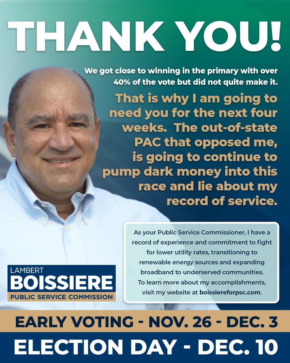 Thank you to everyone that voted on November 8. We're in a runoff, and I'm asking for your support and vote once more. 

Early voting is November 26 - December 3
Election Day is December 10