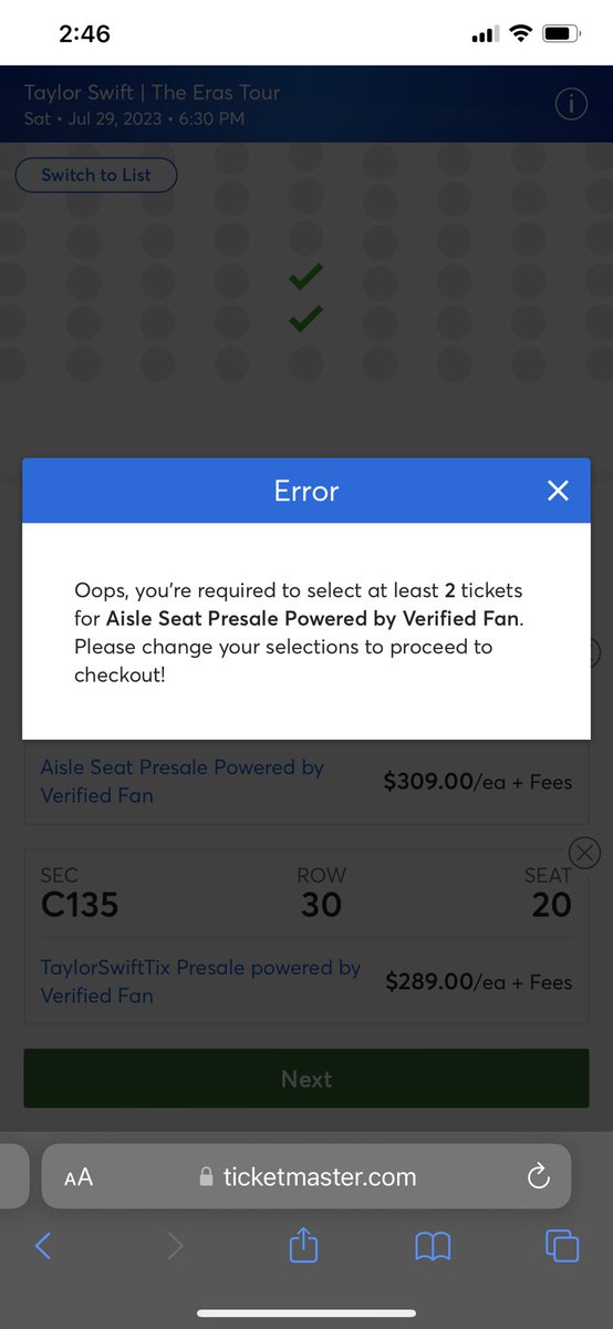 Heartbroken Santa Clara Swiftie over here. Lover Fest ticket holder, with a standard Verified Fan presale code AND access to Capital One presale. Nothing but this. Two tickets that keep getting error codes because it was leaving a single aisle seat with no option to purchase it.