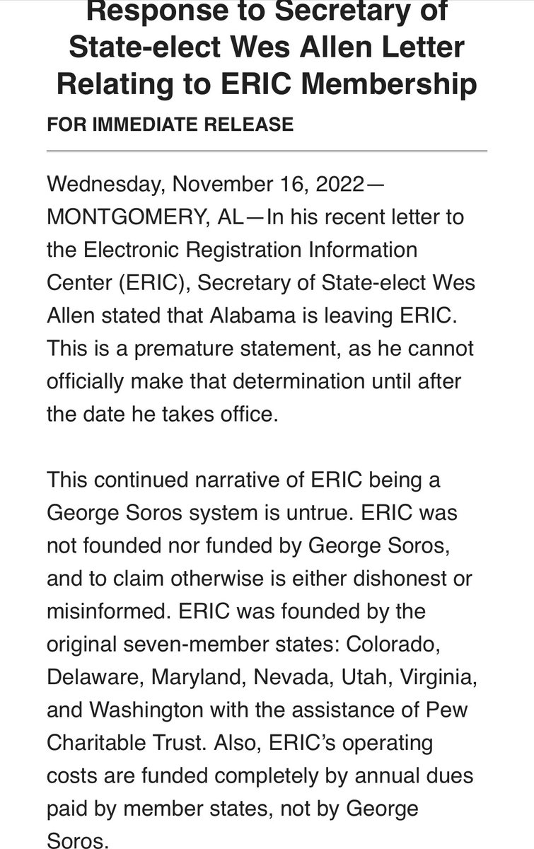 TabithaK's tweet image. In almost every state across the nation, the crazy candidate for Secretary of State was defeated by a more rational one. But not in Alabama. Here, Wes Allen hasn't been inaugurated yet, but is already operating on conspiracy theories. H/t @Josh_Moon