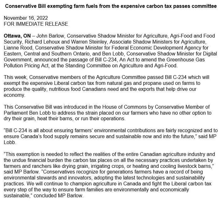BREAKING!

Bill C-234 to exempt farmers from the Liberal carbon tax has passed through the Standing Committee on Agriculture and Agri-Food.

#cdnpoli #cdnag #carbontax #EML
