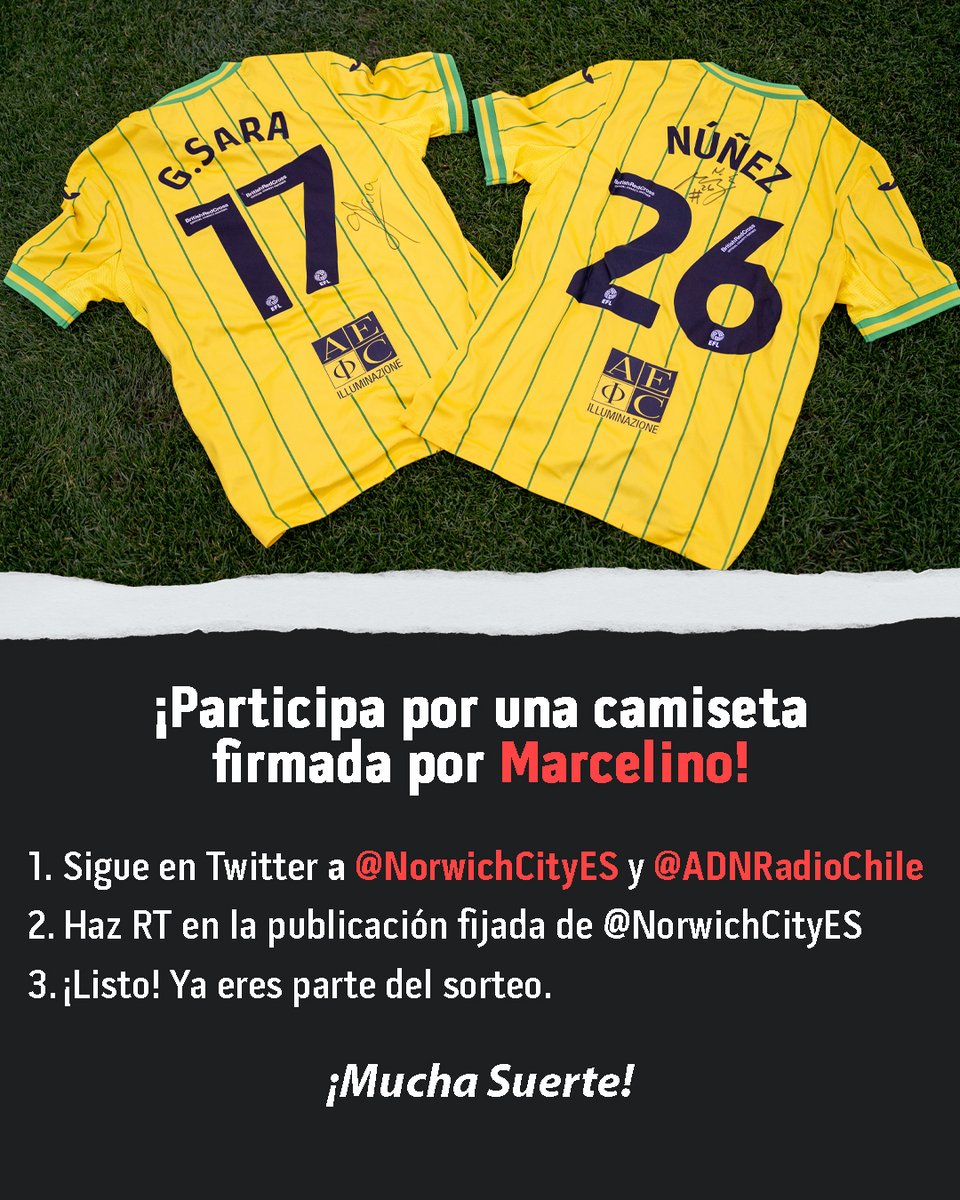 adnradiochile's tweet photo. 🚨 SORTEO 🚨 ¡Participa por una camiseta firmada por Marcelino! 🇨🇱🔰

 1️⃣ Sigue en Twitter a 
@NorwichCityES y @ADNRadioChile

2️⃣ Haz RT en la publicación fijada de @NorwichCityES y ¡listo! 

¡Mucho éxito! 🎁😃 https://t.co/zsDZfzaiJj