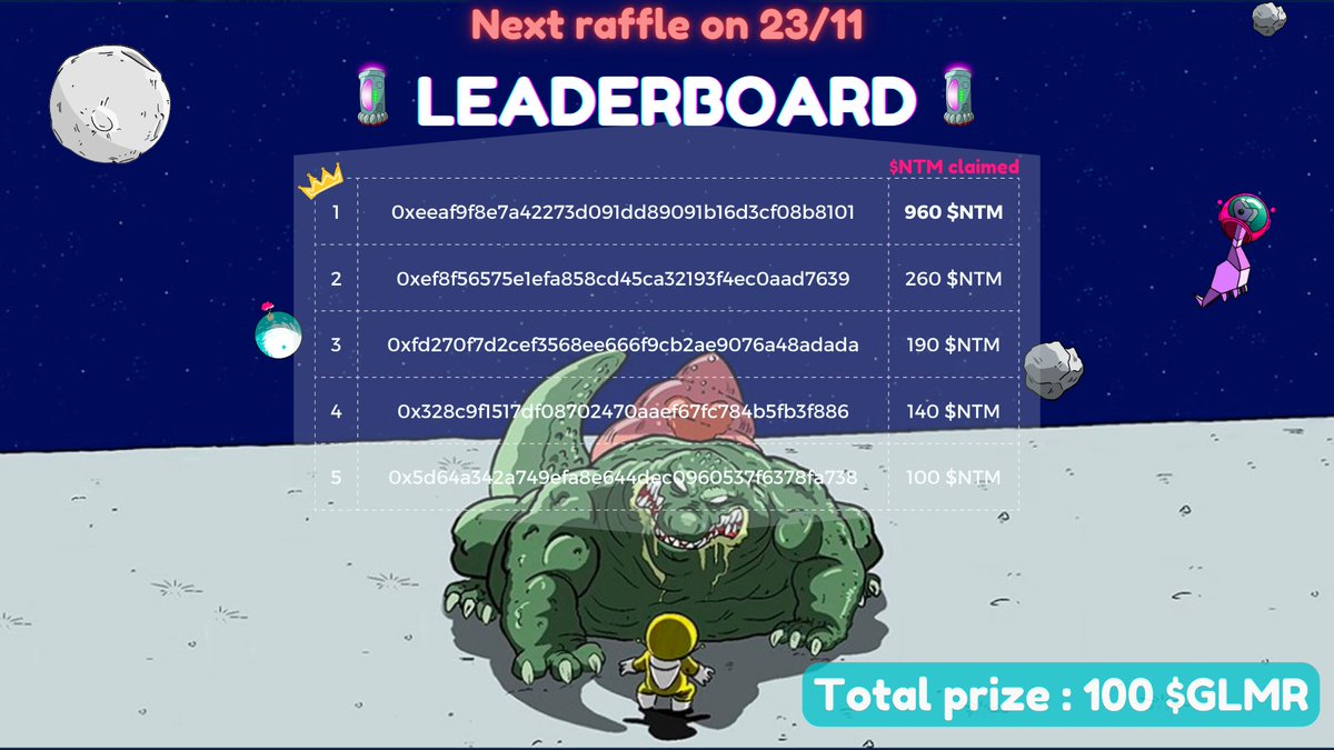 🏁One Veteran Flighter takes the lead!  👀 

⏰ Next Raffle on 23/11 
🏆100 $GLMR in prize 

TIP : next 3 mint, you can have the Ultra rare Flighter Davy Jones, who has stolen 500 NTM!! 🤫

Catch him and take control of the Nitrium race 🏁

#Moonbeam $GLMR