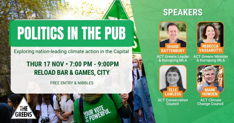 What are you doing tonight? We'd love to see you at our politics in the pub event. We got an expert and and advocate to help us explore what it means for climate and the environment to have #greensingov. Its free and you can register here: contact-act.greens.org.au/civicrm/event/… @GreensACT