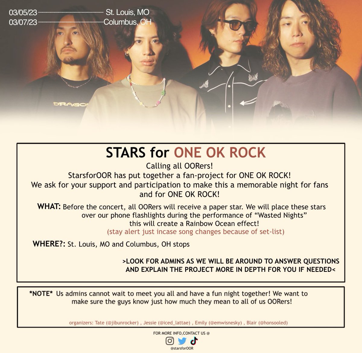 starsforOOR's tweet photo. CALLING ALL OORers! 🎸
Our first fan-project for @ONEOKROCK_japan is finally here AND is inspired by our name!! ⭐️
STARS for ONE OK ROCK is our first official project in North America and we are so excited to bring our dreams to life with #ONEOKROCK in 2023! https://t.co/WbRHaAj1Eg