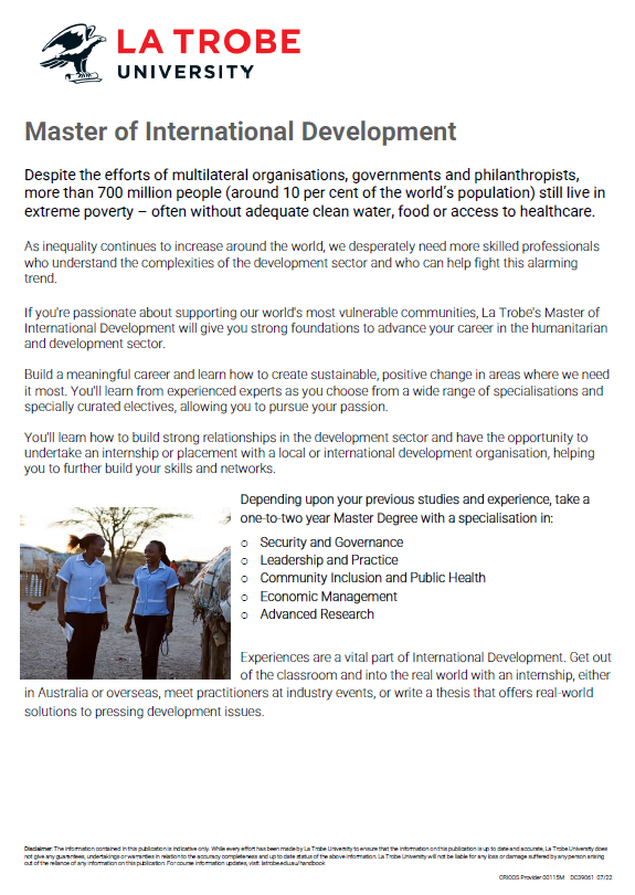 The Master of International Development program at <a href="/latrobe/">La Trobe University</a> is happy to announce it is accepting applicants for offshore enrolments (ie, you can study the program from outside Australia). For more information, contact Tom McNamara: tmcnamara@ltu.edu.au <a href="/ltu_socinq/">La Trobe Social Inquiry</a>