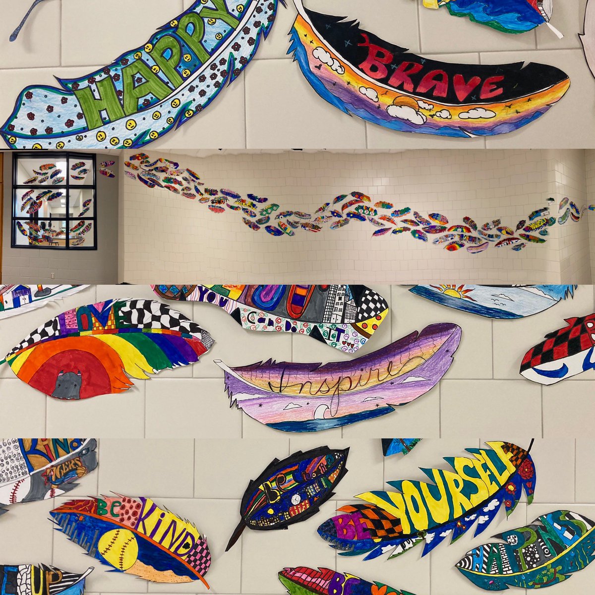 'Hallway Art': feathers with positive words to spread some positivity (like feathers blowing in the wind) This project teaches the students a positive way to create change through Art #basdarts #basdproud #nitschmannartlund @NitschmannMS @NMSTeamPitt @BethlehemAreaSD
