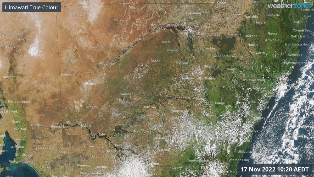 andrewmiskelly's tweet photo. The flooded inland rivers of NSW from space on Thursday morning. https://t.co/9joN6TGTA7