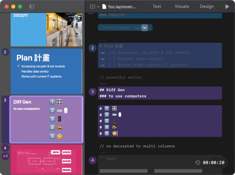 tcc's tweet image. Upgraded from @SlideasP to @iAPresenter, which features a powerful MD editor resembling iA Writer, numerous ready-to-use slide layouts, no decorated attr to show multiple columns, and plain-text drawing (@Monodraw) that works well  🤍.