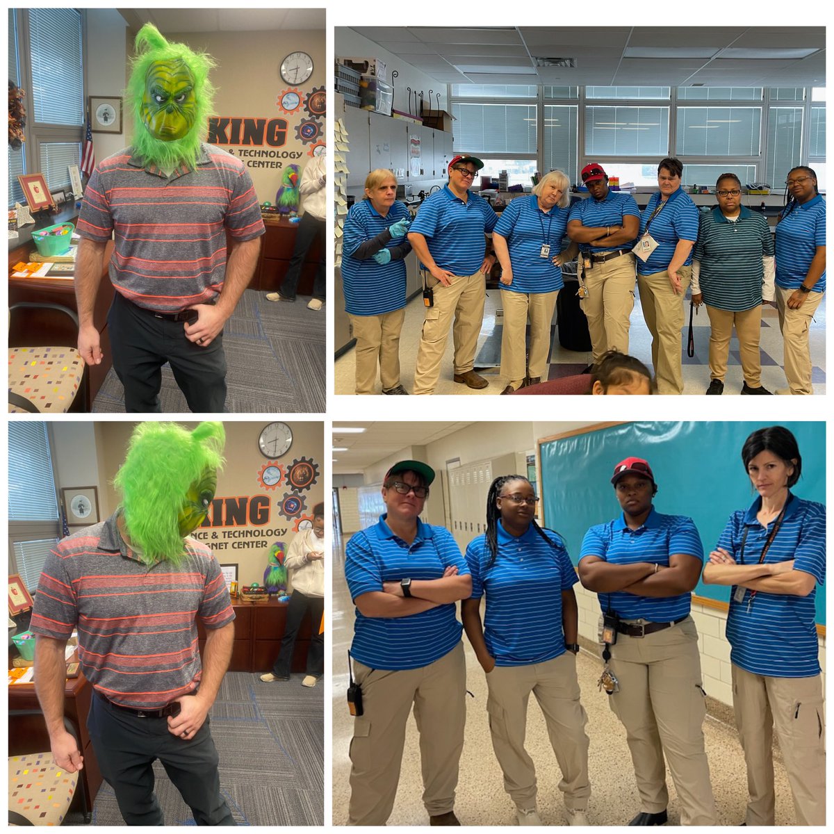 OPS_KingScience's tweet photo. KSTM Staff had a little fun today dressing in the signature look of assistant principal, Mr. Wilson! 🤣🧡🤣 #joy #KSTMproud #staffspiritweek #ourgrinch https://t.co/AnYkJvN2iA