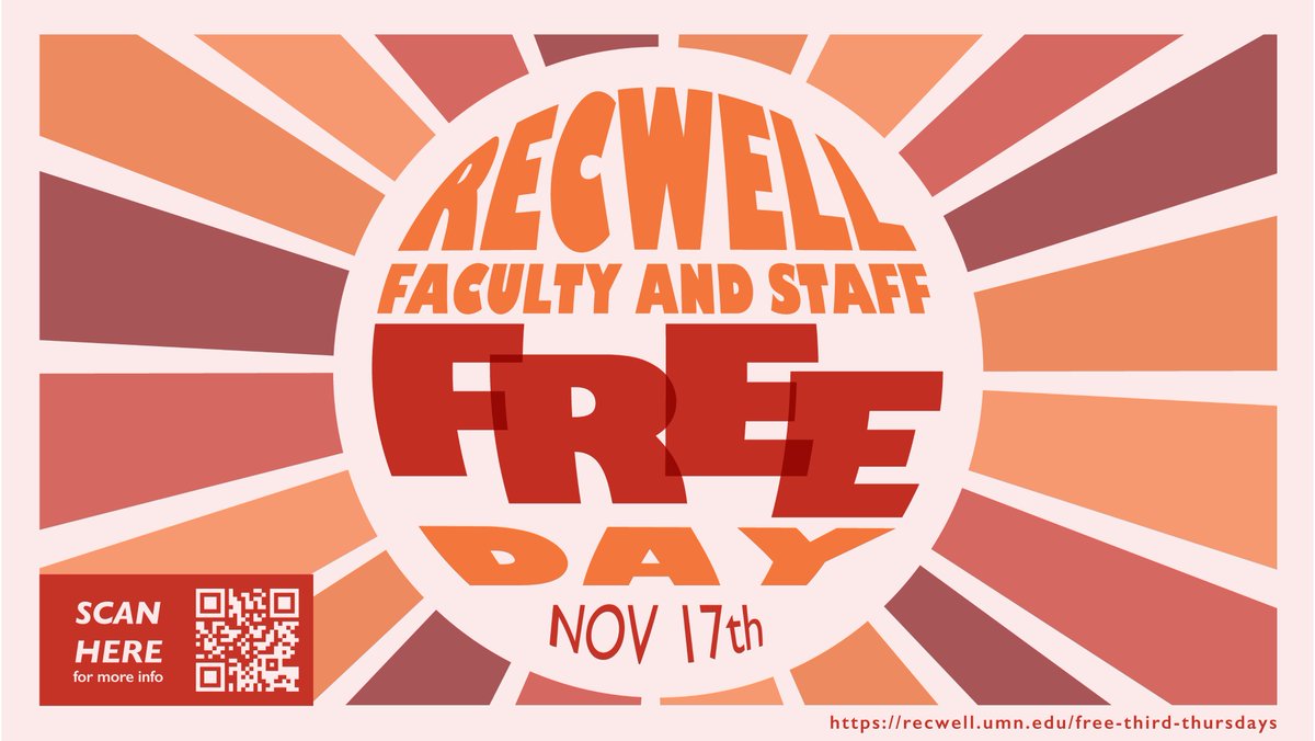 UMN RecWell (@umnrecwell) on Twitter photo Tomorrow is 3rd Thursday! UMN Faculty and Staff can use RecWell facilities for free on the 3rd Thursday of every month.
Access also includes free open climbing (Mpls only) and free Group Fitness classes. Tomorrow is 3rd Thursday! UMN Faculty and Staff can use RecWell facilities for free on the 3rd Thursday of every month.
Access also includes free open climbing (Mpls only) and free Group Fitness classes.