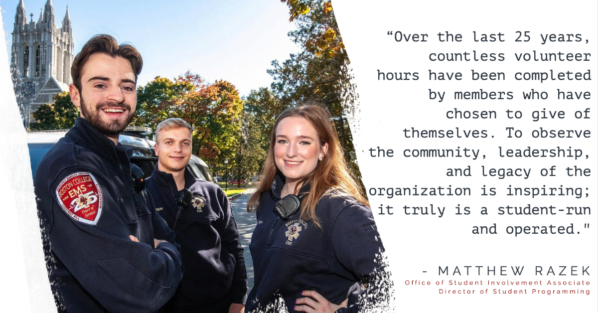 BostonCollege's tweet photo. Student-run Boston College EMS marks its 25th anniversary. https://t.co/0aMiPCid3K https://t.co/kYk5GTjnSB