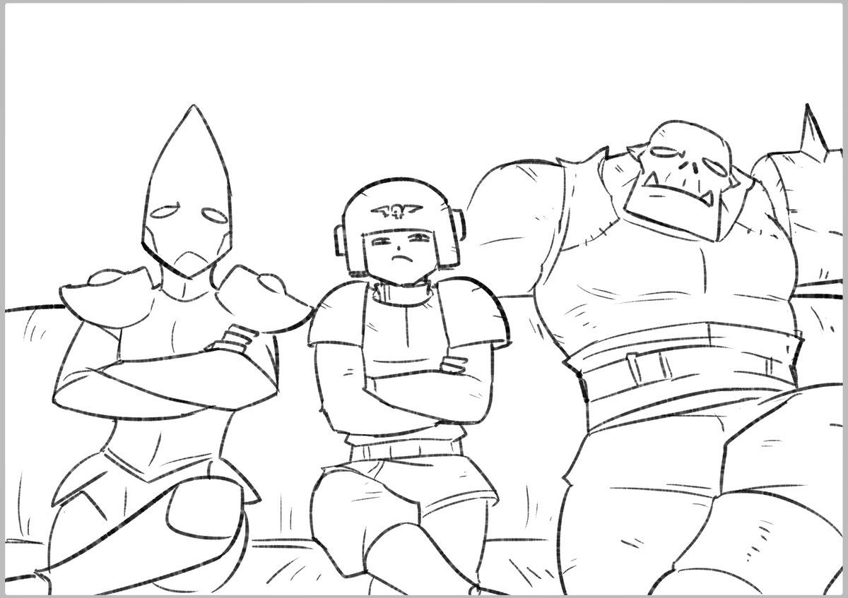 BolterToKokoro's tweet photo. Story drawthread from 15/11/2022. The next prompts continue the story.

1.
2. Necron, dark eldar and tyranid other side of table at mixer
3. Nervous Tau serving food https://t.co/3p6eT0drSM