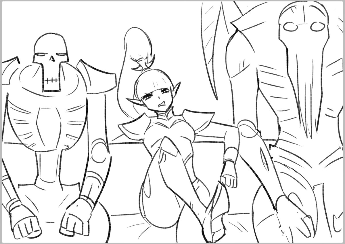 BolterToKokoro's tweet photo. Story drawthread from 15/11/2022. The next prompts continue the story.

1.
2. Necron, dark eldar and tyranid other side of table at mixer
3. Nervous Tau serving food https://t.co/3p6eT0drSM