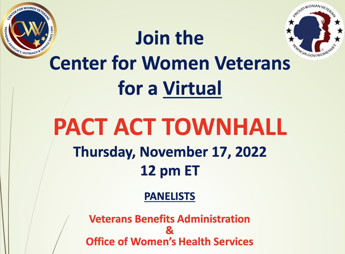 Join the @VAWomenVets for a virtual PACT Act Townhall, Thursday, Nov 17 @ 12 PM ET Topics include healthcare screenings & services related to potential toxic exposures, the evaluation process & determining the presumption of exposure, and more. Register: bddy.me/3hra6eL