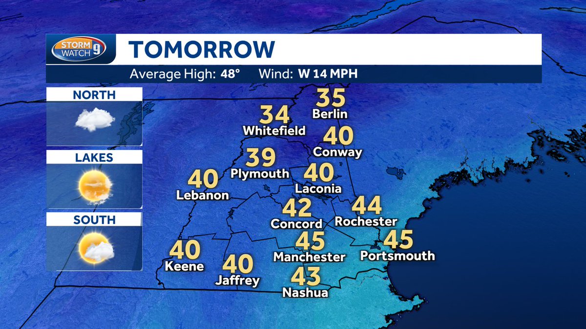 Tomorrow's forecast to help you plan ahead here #NH #NHwx -> via <a href="/MikeHaddadWMUR/">Mike Haddad ⛵️</a>