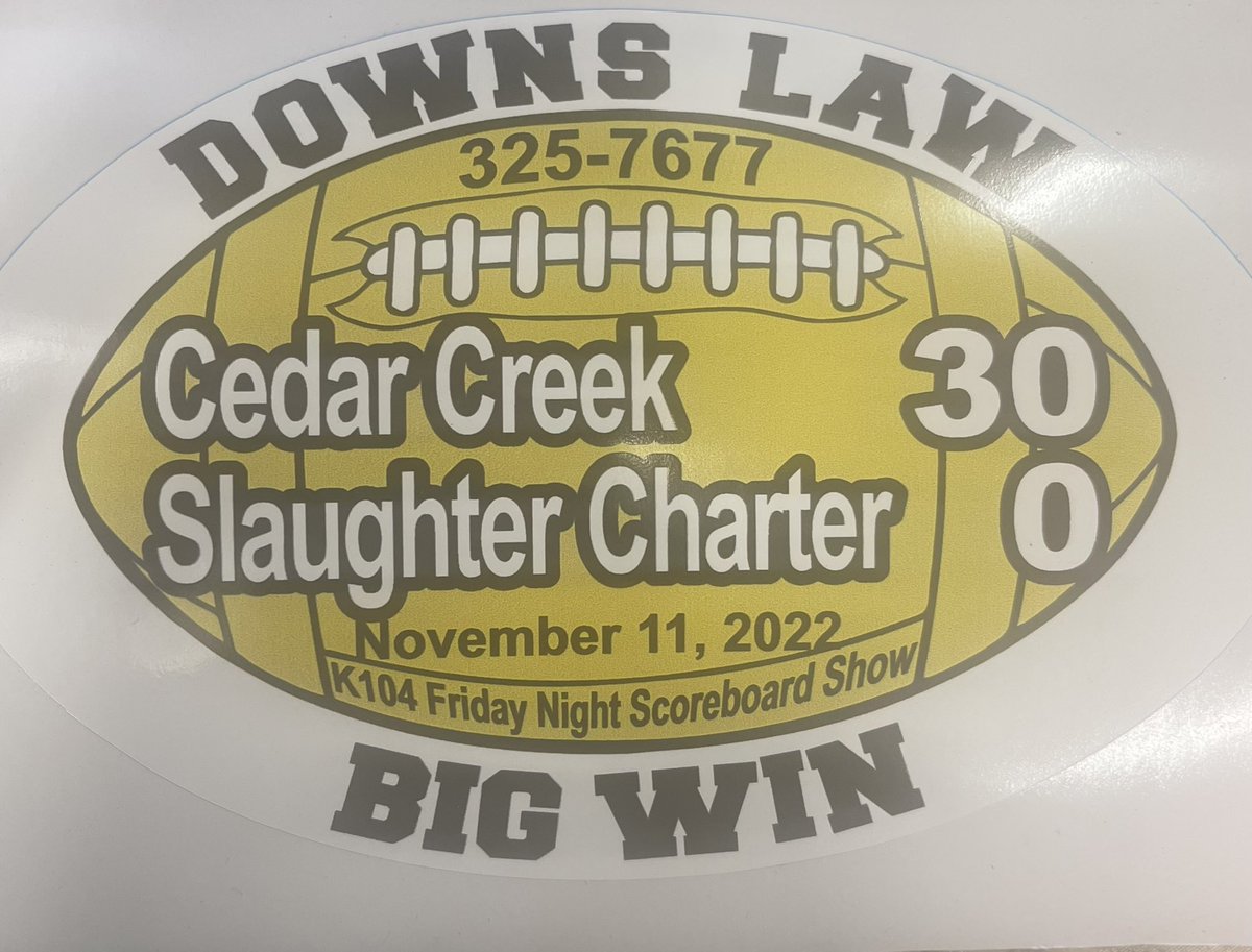 k104scoreboard's tweet image. Round 1 is over and we are taking Cedar Creek and their impressive 30-0 shutout win over Slaughter Charter as our Downs Law BIG WIN of the Week 

@FB_cedarcreek @CedarCage @CedarCage @CedarPower