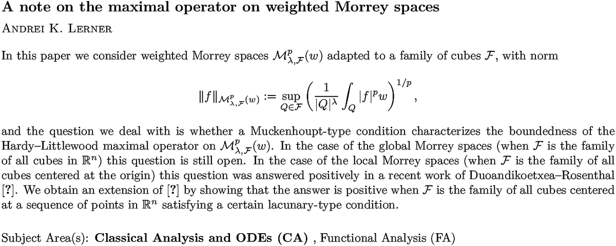 arxiv.org/abs/2211.07974…
A K Lerner
A note on the maximal operator on weighted Morrey spaces