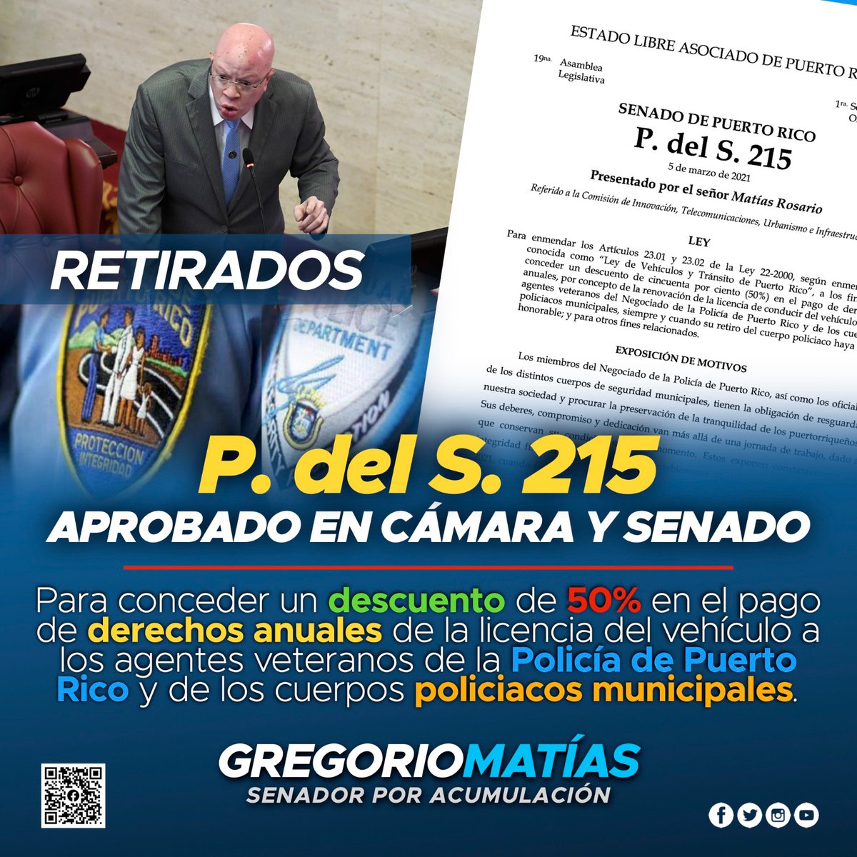 gmatiaspr's tweet photo. Aprobamos el #PS215 de mi autoría para conceder descuento de 50% en los derechos anuales de la licencia de vehículo de motor a agentes retirados de la Policía Estatal y Policía Municipal. Seguiré trabajando para hacer justicia a la clase trabajadora q hace q tengamos un mejor PR. https://t.co/psyHsoSdjh