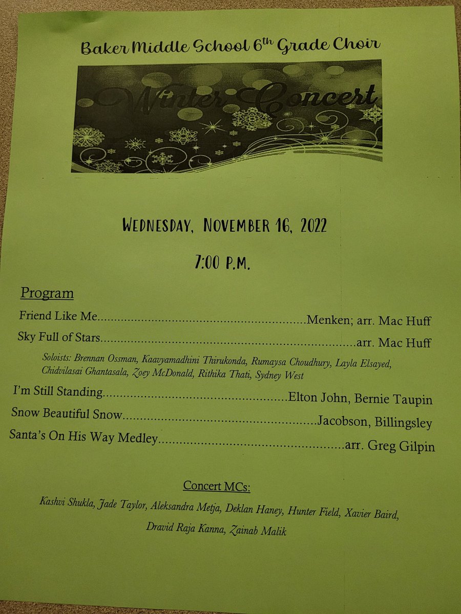 Ross Burdette (@rossburded) on Twitter photo Thank you to all our 6th grade Baker Bobcat choir members for putting on a great show tonight.
I can't wait for the next one! <a href="/BakerMiddle/">Baker Middle School</a> Thank you to all our 6th grade Baker Bobcat choir members for putting on a great show tonight.
I can't wait for the next one! <a href="/BakerMiddle/">Baker Middle School</a>