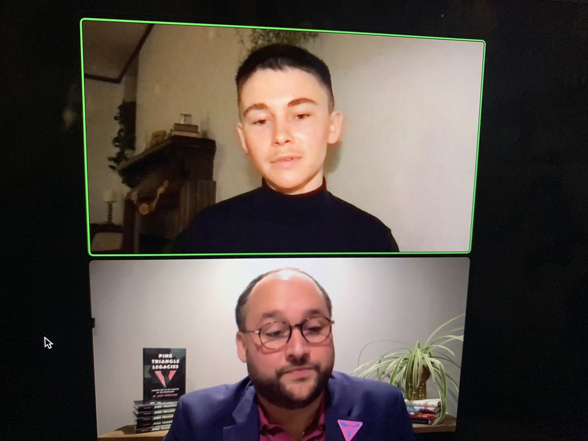 JenniferVEvans's tweet photo. Such pride in hearing my student @nlbourdea interview @wjnewsome about his new book Pink Triangle Legacies for Holocaust Education Month in Ottawa. https://t.co/T9I9dcqU1q