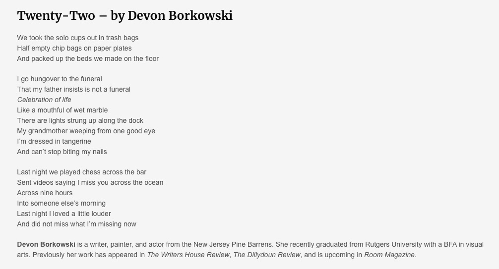 There's always a line that grabs us in a poem. For one of our editors, the line in "Twenty-Two" by Devon Borkowski was "My grandmother weeping from one good eye." Here's Devon's poem from our new Issue Nine. There's much more on our website rockvalereview.com/issues/issue-n…