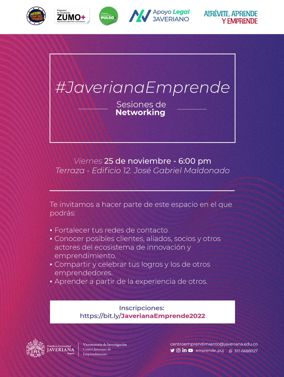 ¡Organiza tu agenda! 🗓️

Se acerca el #networking de #JaverianaEmprende 2022 y no te lo puedes perder. Este viernes 25 de noviembre, podrás ampliar tu red de contactos y compartir con otros/as emprendedores/as.

Inscríbete en el link: bit.ly/JaverianaEmpre…

#JaverianaBogotá