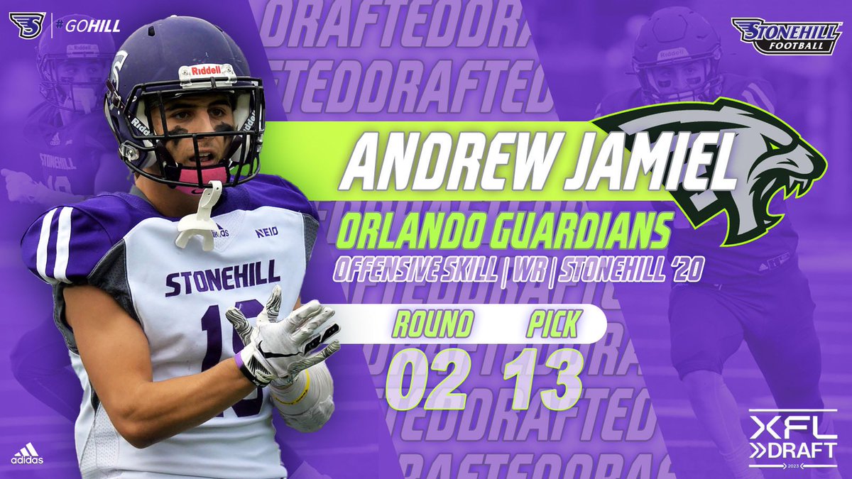 GoStonehill's tweet photo. Congratulations to @StonehillFB alum Andrew Jamiel ‘20, selected in the 2nd Round (13th overall) by the @XFLGuardians in today’s @XFL2023 Draft! 

#GoHill https://t.co/wim9N2Xwc7
