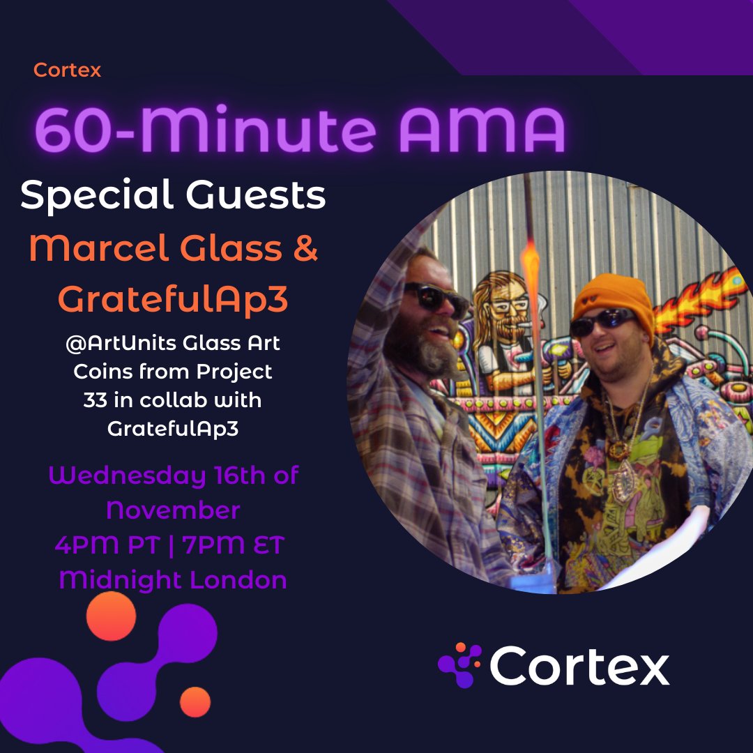 crtx_io's tweet photo. Join us right now!
We are on talking about Glass Coin NFTs! Mint your #NFTs as physical objects with a web environment built in!
With @Marcelproject33 and @GratefulAp3 discussing their #Project33 @ArtUnits project
#web3 #Blockchain #CortexAMA
https://t.co/de34V4svY4 https://t.co/IAwHGFlP6H