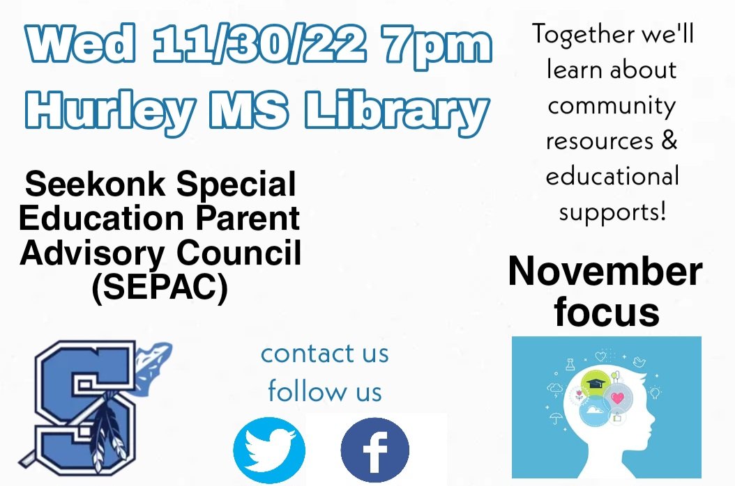 We'll focus on Regulation, deregulation, and when to use limited communication for immediate escalated challenges. Cassandra Mello will be with us to provide helpful information about resources and supports. <a href="/AES_Elementary/">AES_Elementary</a> <a href="/MartinElem_SPS/">George R. Martin Elementary School</a> <a href="/HurleyMiddle/">Dr. Kevin Hurley MS</a> <a href="/SeekonkHS/">Seekonk High School</a> <a href="/SeekonkTA/">Seekonk Transitions Academy</a>