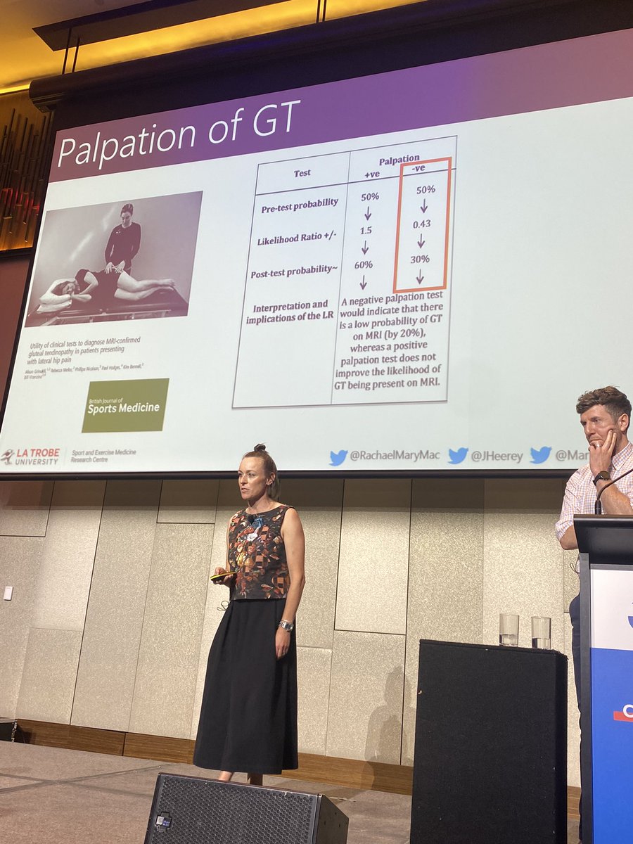 Rachael Cowan on the diagnosis of gluteal tendinopathy 

Palpation: -ve significantly reduces the probability of GT
FABER: good sensitivity &amp; specificity for GTPS but must reproduce their lateral hip pain. 

<a href="/RachaelMaryMac/">Rachael McMillan</a> @SMA_Events #hippain #SMAconf