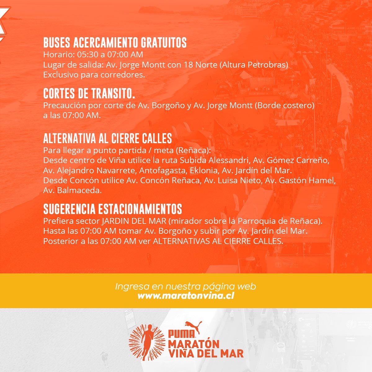 maratonvina's tweet image. ¡Falta muy poco! Revisa toda la información relevante para este fin de semana. ¡Nos vemos en la meta! #PumaMaratónDeViñaDelMar