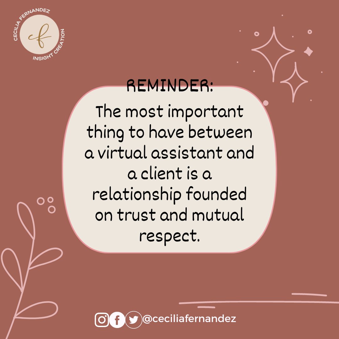 CecillFernandez's tweet image. In order to build a strong 💪relationship with your clients, its important that you are able to communicate 🤝effectively with them and listen 👂 attentively to what they have to say. 👩‍💻🙂

#DependableVirtualAssistant
#VAValues
#MutualRespect
#VACecil