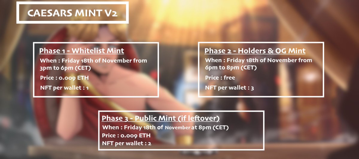 ♦️ Caesars Mint V2 ♦️ Check out our new mint process ! • WL Mint : On the 11/18/22 from 3pm to 6pm (CET) - 0.009 ETH • OG/Holders : On the 11/18/22 from 6pm to 8pm (CET) - Free (3/wallet) • OG/Holders : On the 11/18/22 from 6pm to 8pm (CET) - 0.009 (2/wallet) 1/2👇