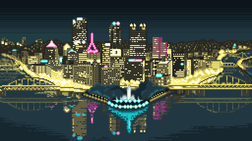 KevinMakesStuff's tweet photo. Updated one of my #pixeltober2022 images from last month. Widened the aspect ratio to get Pittsburgh's numerous bridges / rivers in frame and reworked the reflections and back hills. Adjusted a few colors too. #pixelart #pittsburgh https://t.co/cYaYJ2iQFg