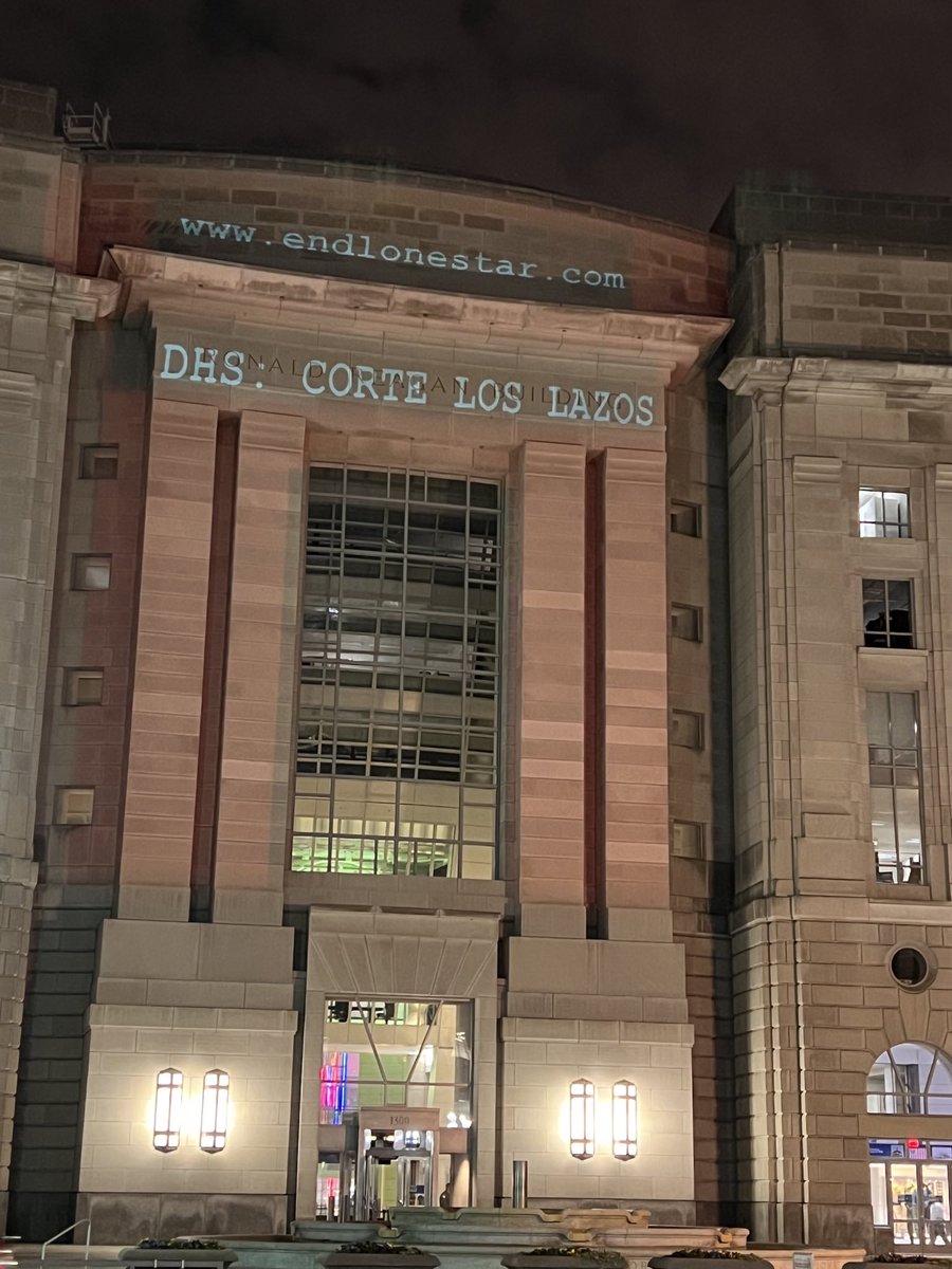 the_ILRC's tweet image. Happening NOW: @NeverAgainActn spearheads our #EndOLS and #CutTheTies closing day of action with a projection over @CBP offices in Washington, D.C. demanding @DHSgov @CBP and @POTUS CUT THE TIES with Operation Lone Star and END the funding + collusion 
🚨NOW 🚨