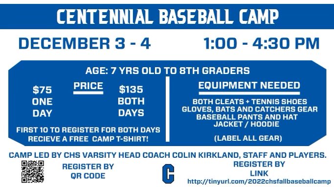 Centennial Baseball will be hosting a Winter Camp for kids age 7 to 8th grade on December 3rd and 4th. First 10 to register get a free camp t-shirt! #GoKnights⚔️
