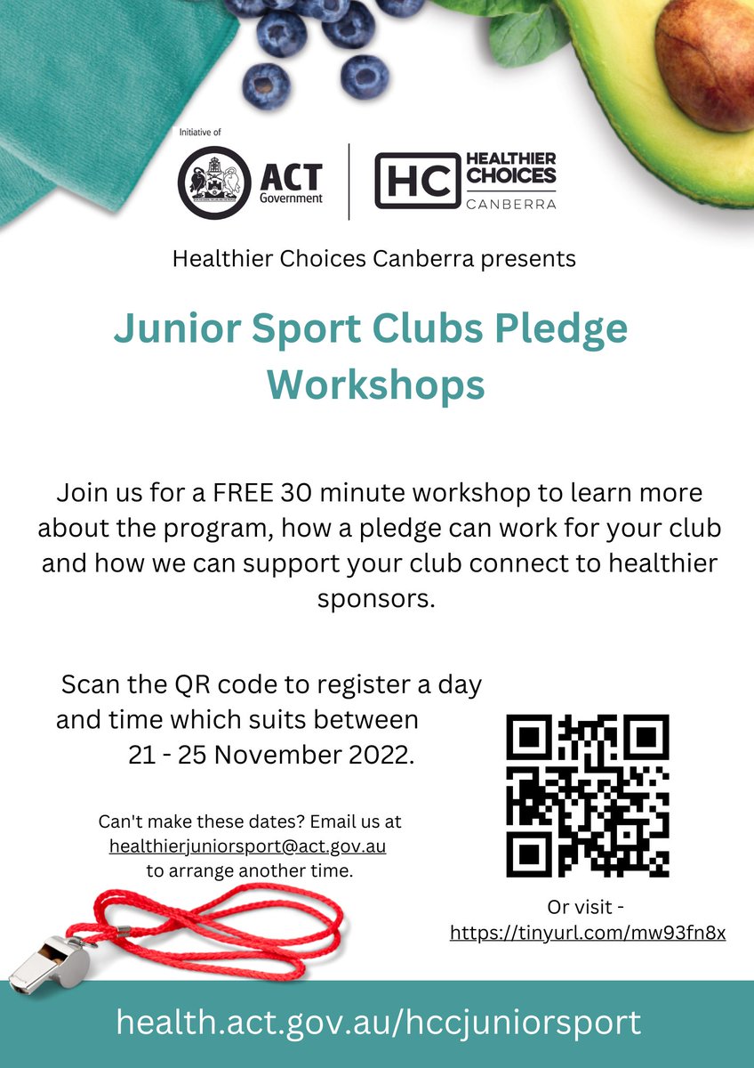 Is your junior ACT sporting club ready to change the game &amp; make a Healthier Sports Pledge? 
Your club is invited to a FREE Junior Sports Club Pledge Workshop with the Healthier Choices team on a day &amp; time which suits you next week!
Register here: bit.ly/3UQ4xpa