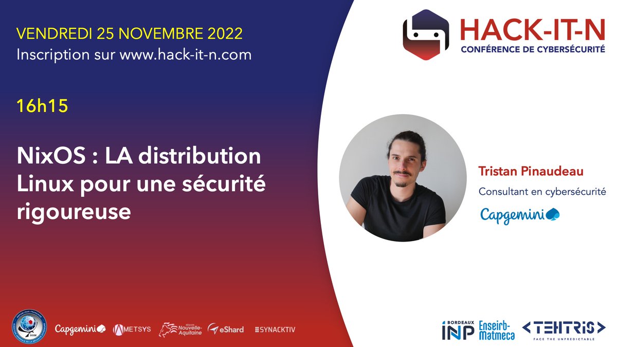 🚨 Ready ?

"<a href="/nixos_org/">NixOS</a> : LA distribution Linux pr une #sécurité rigoureuse" par <a href="/0b11stan/">Tristan Pinaudeau</a> @capgemini 

🗓 25/11 à 16h15
📍 En présentiel ou online
👉 Inscription : hack-it-n.com

#cybersecurite #HackItN