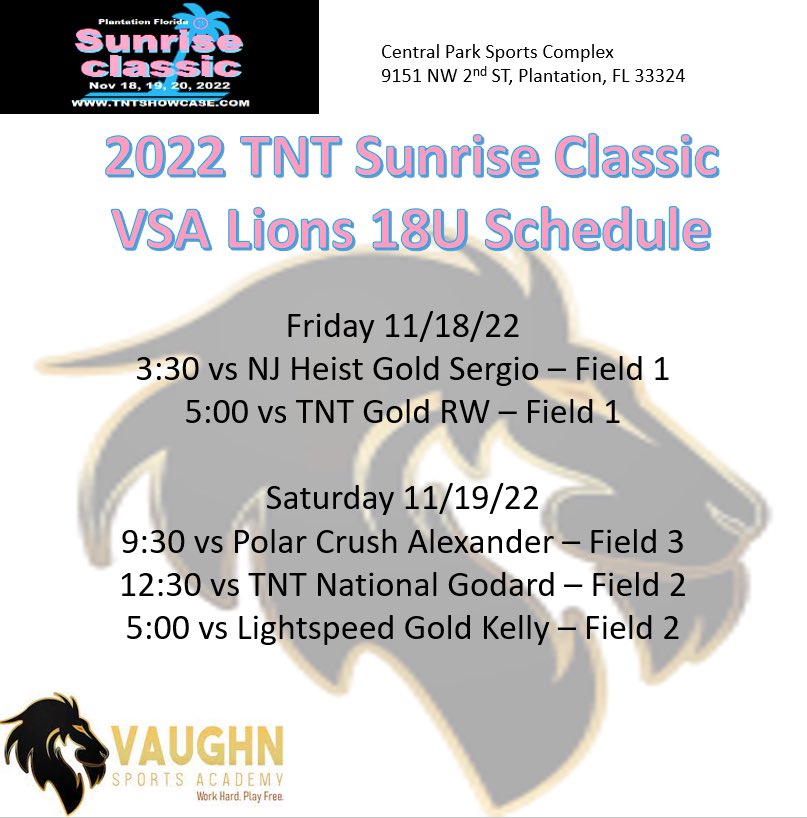 Our schedule for this weekends 2022 TNT Sunrise Classic. Looking forward to play against out of state teams. <a href="/_TimWalton/">Tim Walton</a> <a href="/Coach_Alameda/">Lonni Alameda</a> <a href="/CoachBee9/">Mike Larabee</a> <a href="/CoachJordanSB/">Jordan Clark</a> <a href="/CoachBallMalone/">Cindy Ball-Malone</a> <a href="/JeffConrad10/">Jeff Conrad</a> <a href="/NSU_Softball/">NSU Softball</a> @FGCUSBDeiros <a href="/vaughnsports42/">Vaughn Sports Academy</a>