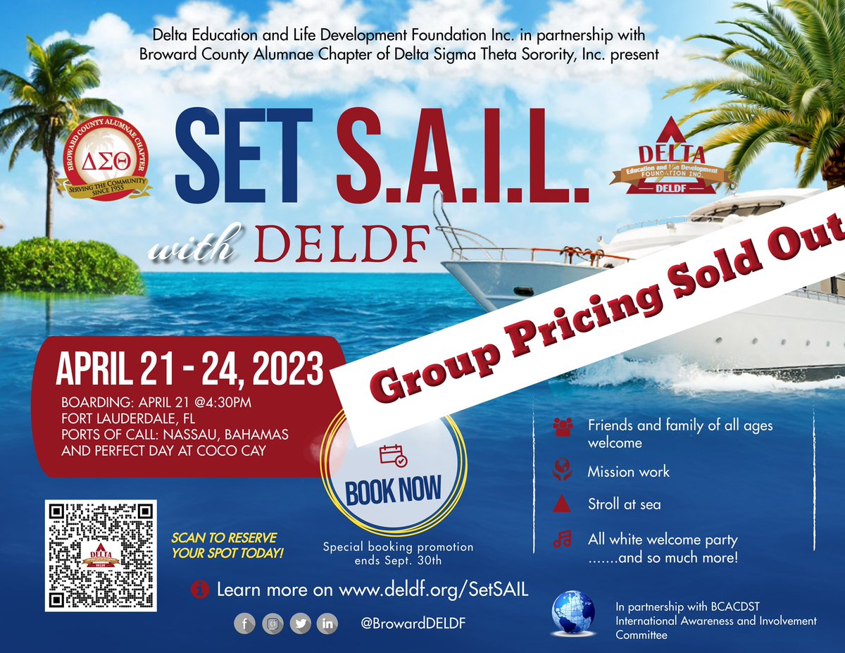 ITS NOT TOO LATE TO SET S.A.I.L. WITH D.E.L.D.F.

Please contact our Travel Agent Jo Ann Williams by email at jawilliams@dreamvacations.com or phone at (703)-986-7302 and mention DELDF to book your cabin.

#DELDF #BCACDST #SailWithAPurpose #donate #youth #education #scholarship