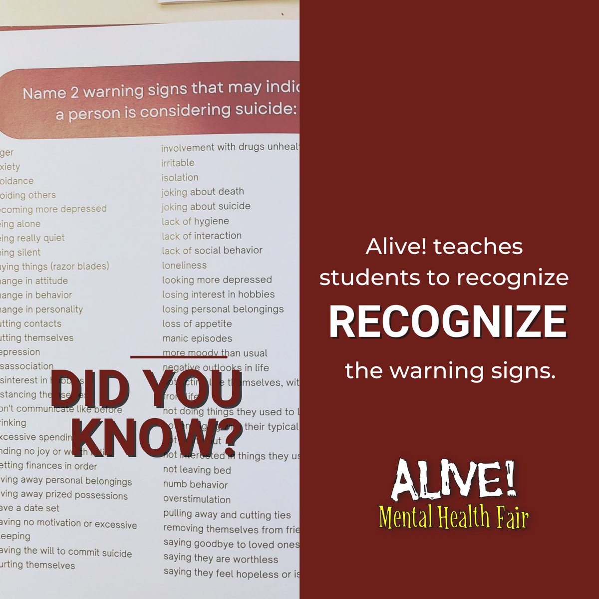 alivefair's tweet photo. Successful suicide prevention college program since 2010. Bring Alive! to your campus for Spring 2023 semester. #CampusActivities #AliveMentalHealthFair #StudentLife #CAB https://t.co/52MuUJghgh