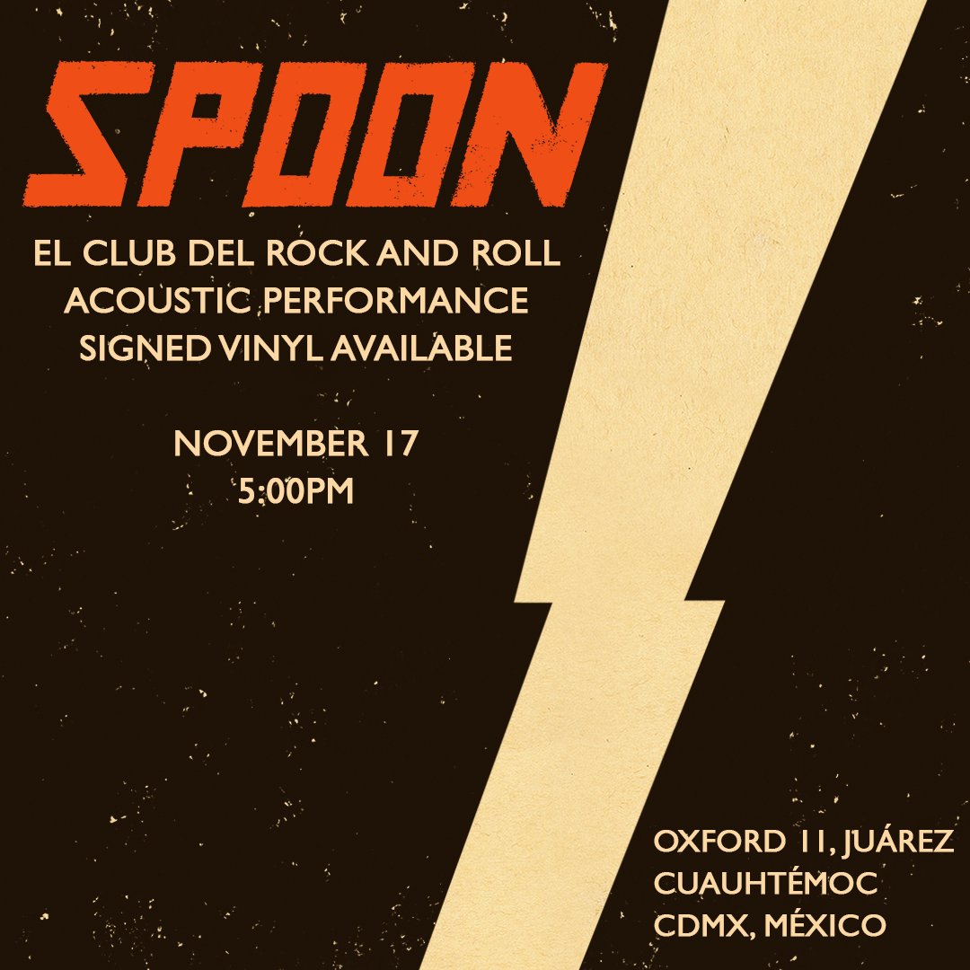 SPOON (@spoontheband) on Twitter photo ¡Amigos de México! Acompáñenos mañana 17 de noviembre para una tocada muy especial en El Club del Rock and Roll <a href="/ClubRocknRoll/">El Club del R&R</a>. Vengan y consigan sus vinilos de 'Lucifer On The Sofa' y 'Lucifer On The Moon' autografiados a la venta en la tienda. ¡Amigos de México! Acompáñenos mañana 17 de noviembre para una tocada muy especial en El Club del Rock and Roll <a href="/ClubRocknRoll/">El Club del R&R</a>. Vengan y consigan sus vinilos de 'Lucifer On The Sofa' y 'Lucifer On The Moon' autografiados a la venta en la tienda.