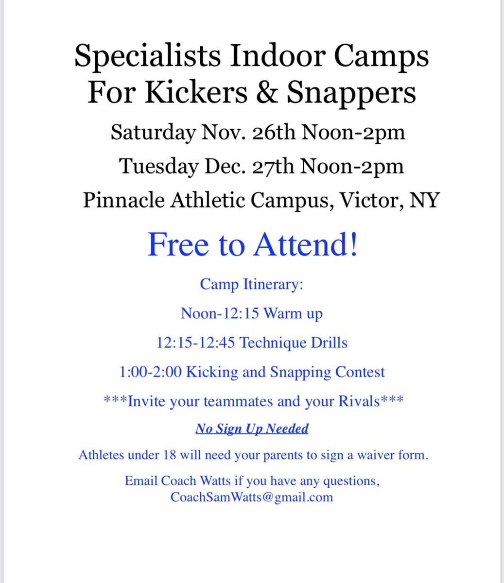NYSEliteAthlet's tweet photo. Do you want to become a better kicker & snapper? Take advantage of this FREE Clinic put on by one of the best in the game @SpecialTeamsAca 🔥🏈 https://t.co/2K44GpM9YM #SamWatts @SecVFootball @NewYorkHSFB @wny_football @PrimetimeBall_ @VarsityMedia @MrSection6 @section3footbal https://t.co/HuixIB5sAl