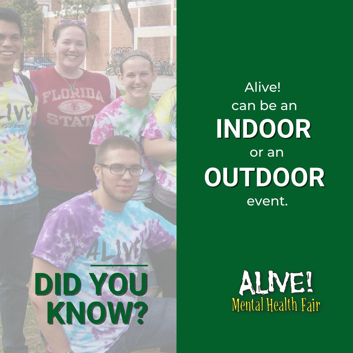 Winter indoor event or spring outdoor event? #AliveMentalHealthFair can be both! What kind of event is your campus looking for? 
#CampusActivities #SuicidePrevention #MentalHealthEvent #WellnessWeek