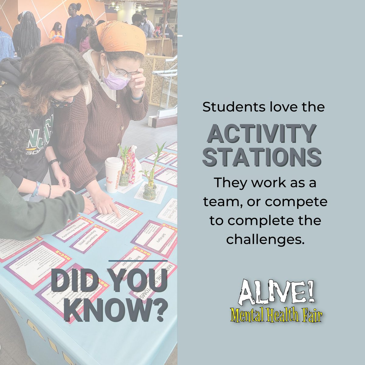 alivefair's tweet photo. Alive! is a gamified mental health &amp; suicide prevention event. We work with each campus to make it the best event it can be! Contact us info@degy.com #AliveMentalHealthFair #CollegeSuicidePrevention #mentalhealthawareness https://t.co/9vLxf7o3Iv