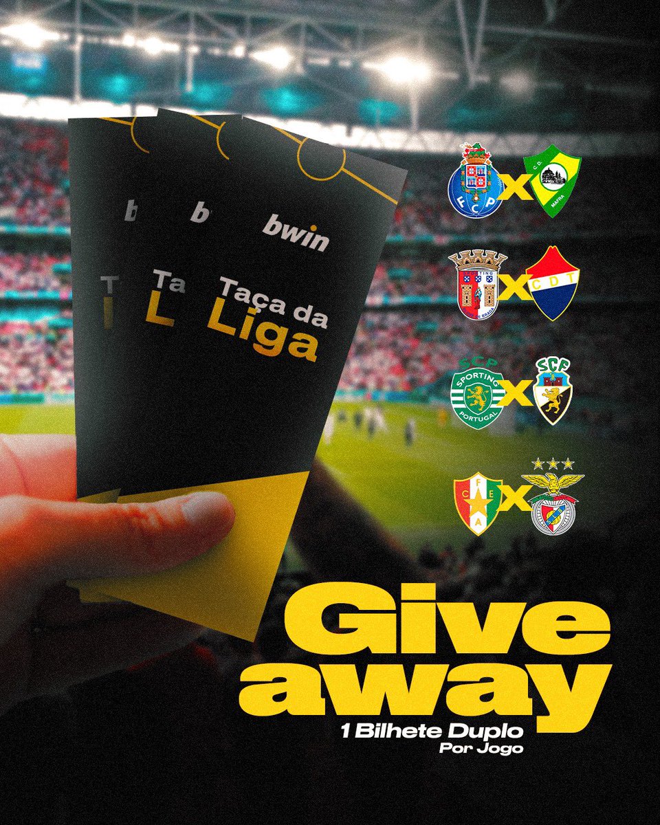 bwin_pt (@bwin_portugal) on Twitter photo 𝐆𝐈𝐕𝐄𝐀𝐖𝐀𝐘 𝐓𝐀𝐂̧𝐀 𝐃𝐀 𝐋𝐈𝐆𝐀😍
🚨 Estamos a sortear 1️⃣ bilhete duplo para cada um destes jogos. Para participar, tens de:
👉 Seguir <a href="/bwin_portugal/">bwin_pt</a>
👉 RT, tag em amigo e dizer o jogo
Participa as vezes que quiseres, desde que marques amigos diferentes. Boa sorte! 🍀 𝐆𝐈𝐕𝐄𝐀𝐖𝐀𝐘 𝐓𝐀𝐂̧𝐀 𝐃𝐀 𝐋𝐈𝐆𝐀😍
🚨 Estamos a sortear 1️⃣ bilhete duplo para cada um destes jogos. Para participar, tens de:
👉 Seguir <a href="/bwin_portugal/">bwin_pt</a>
👉 RT, tag em amigo e dizer o jogo
Participa as vezes que quiseres, desde que marques amigos diferentes. Boa sorte! 🍀