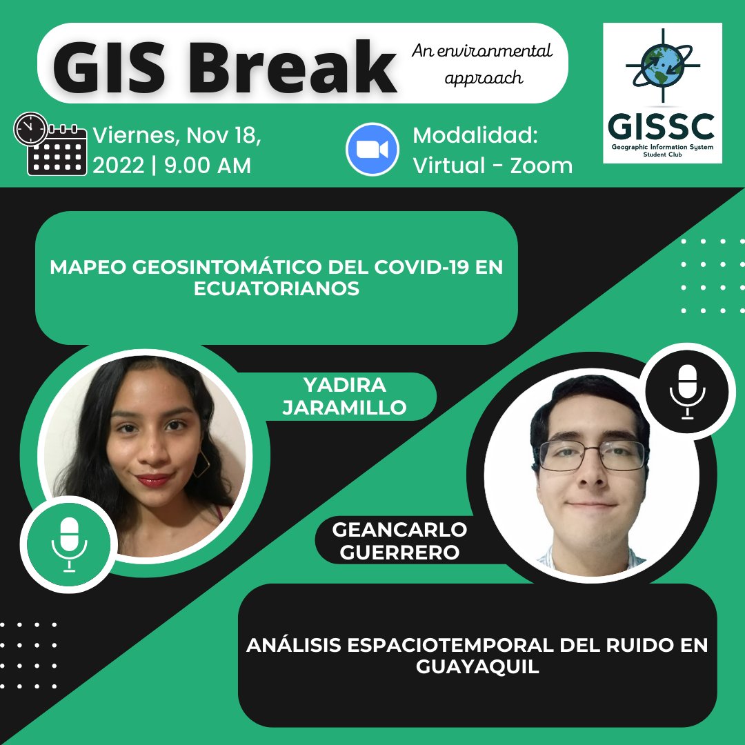gissc_espol's tweet photo. GISSC te trae el webinar GIS Break.
Espacio donde miembros del club y Alumnis ESPOL darán a conocer trabajos sus de investigación.
En la segunda jornada de ponencias contaremos con:
- Yadira Jaramillo
- Geancarlo Guerrero
Link de registro: https://t.co/OYBEJnxgmh
#adnespol https://t.co/JBQTVr2eB9