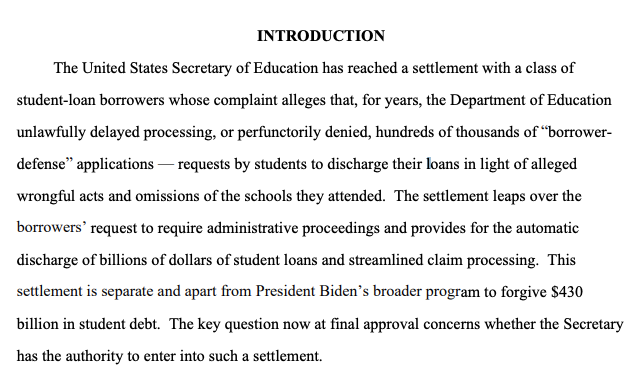 mstratford's tweet image. NEWS: Federal judge in Calif. approves Biden admin's sweeping settlement over pending "borrower defense" claims -- will provide more than $6B of debt relief to more than 200K borrowers.
