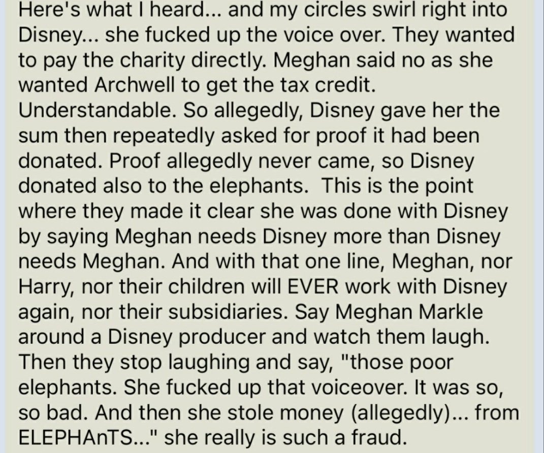 BrutusMaximusX's tweet photo. #MeghanMarkleisToxic #ElephantsWithoutBorders !
It seems that we have been accurate that Meghan did NOT donate the money from the voice over to The Elephants. Nope she kept it and will NEVER be able to be involved in anything to with Disney again! https://t.co/DowRf4twEa